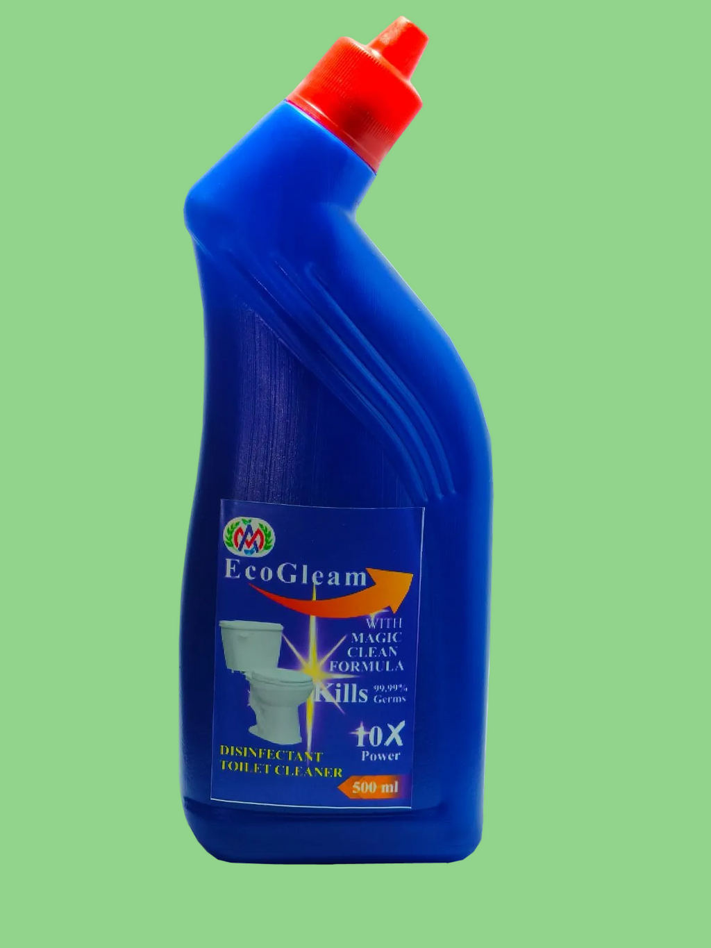 A blue plastic bottle of EcoGleam disinfectant toilet cleaner with a red cap, shown on a plain white background.