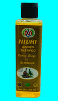 A 200 ml bottle of Nidhi Golden Shampoo with a black cap and a brown label, shown against a plain white background.