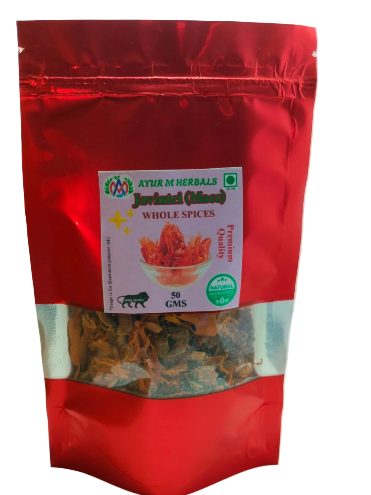 A red stand-up pouch of Ayur M Herbals Jerini Kalash Whole Spices, with a clear window showing the dried spices inside, set against a plain white background.
