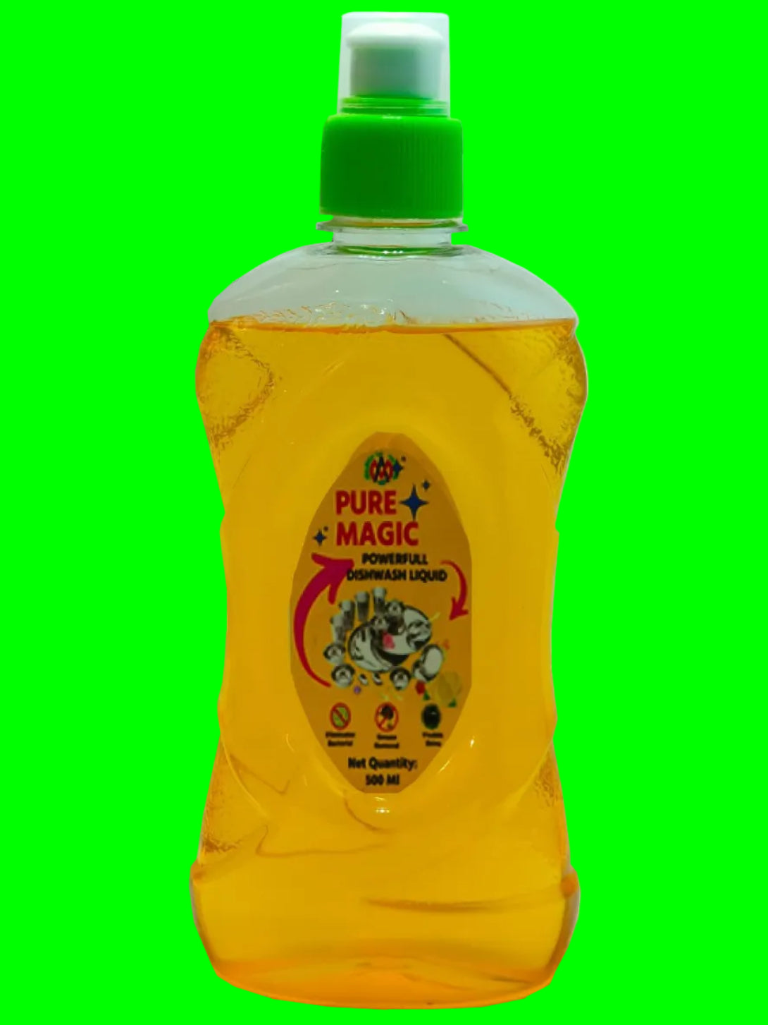 A 500 ml bottle of Pure Magic Powerfull Dishwashing Liquid with a bright green cap and yellow liquid inside, shown on a plain white background.