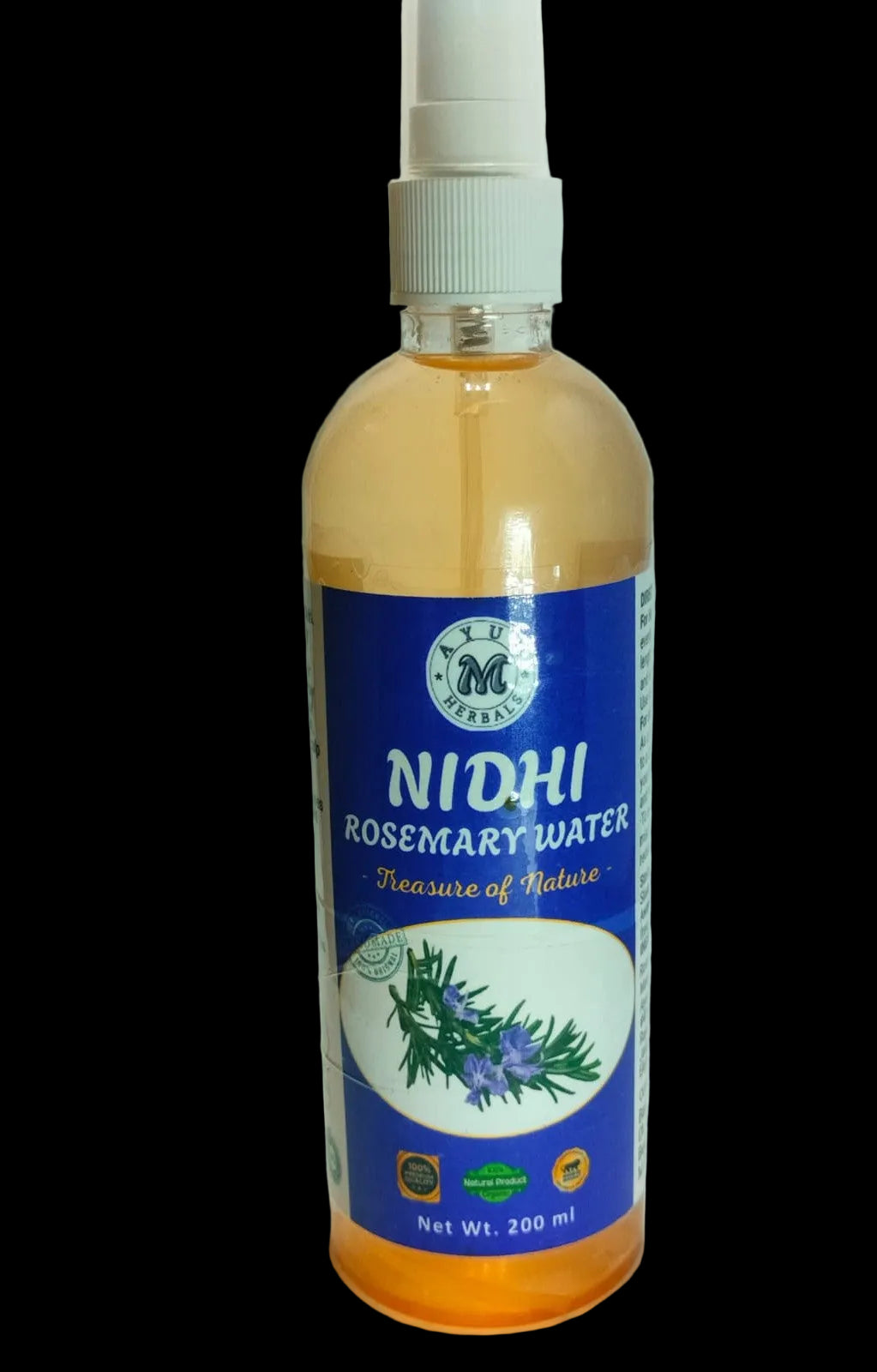 A 200 ml spray bottle of NIDHI Rosemary Water, featuring a blue label with rosemary illustrations and a white pump dispenser, set against a plain light background.