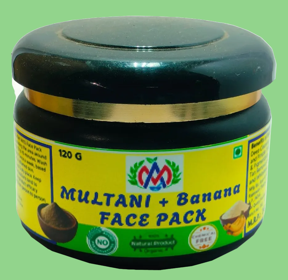 A jar of Multani + Banana Face Pack on a plain white background. The jar has a dark green lid, a gold band, and a yellow label with blue text and illustrations of a face mask and banana.