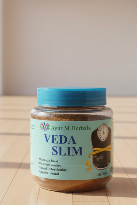 Ayur M Herbals Veda Slim dietary supplement in a clear plastic jar with a bright blue lid and a light blue label, set against a plain light background.