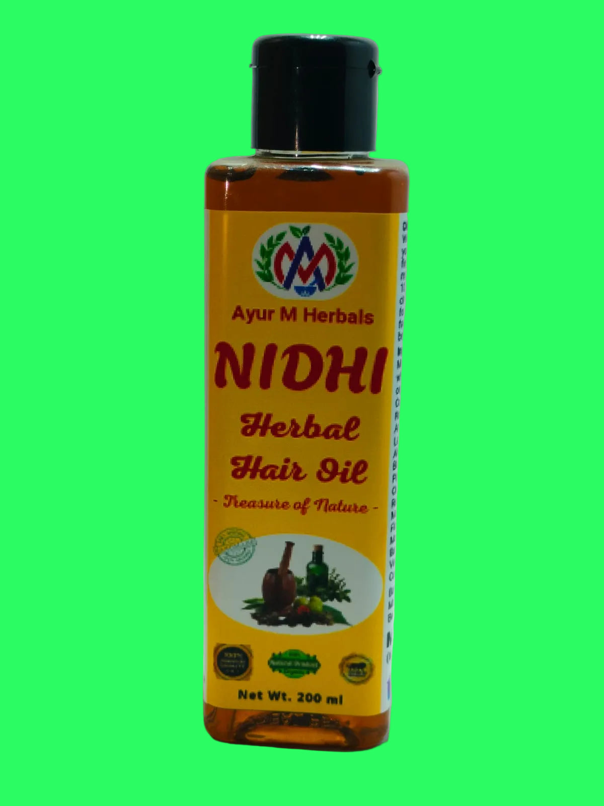 A 200 ml bottle of Ayur M Herbals Nidhi Herbal Hair Oil, featuring a yellow label with red text and a black cap, set against a plain white background.