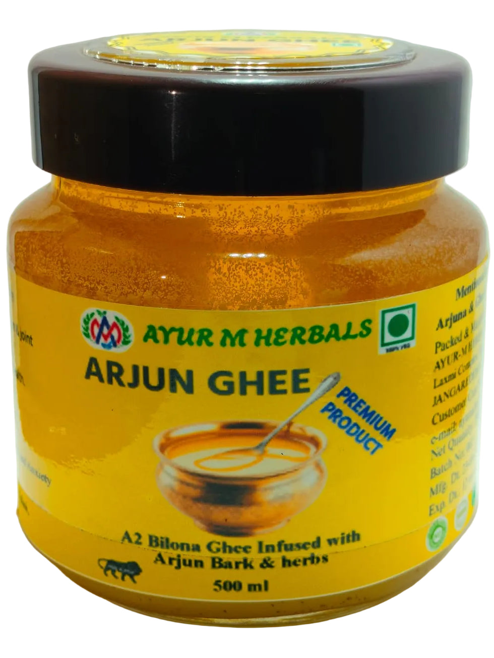 A 500 ml jar of Ayur M Herbals Arjun Ghee, showing the golden-yellow ghee inside, a black lid, and a yellow label with green and black text.