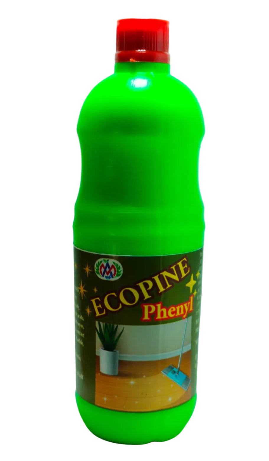 A bright green plastic bottle of ECOPINE Phenyl cleaning liquid with a red cap, set against a white studio background.