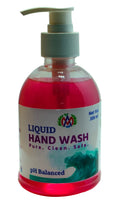 A 300 ml bottle of liquid hand wash with bright pink liquid inside, featuring a white pump dispenser and a white label with blue and green text and graphics.