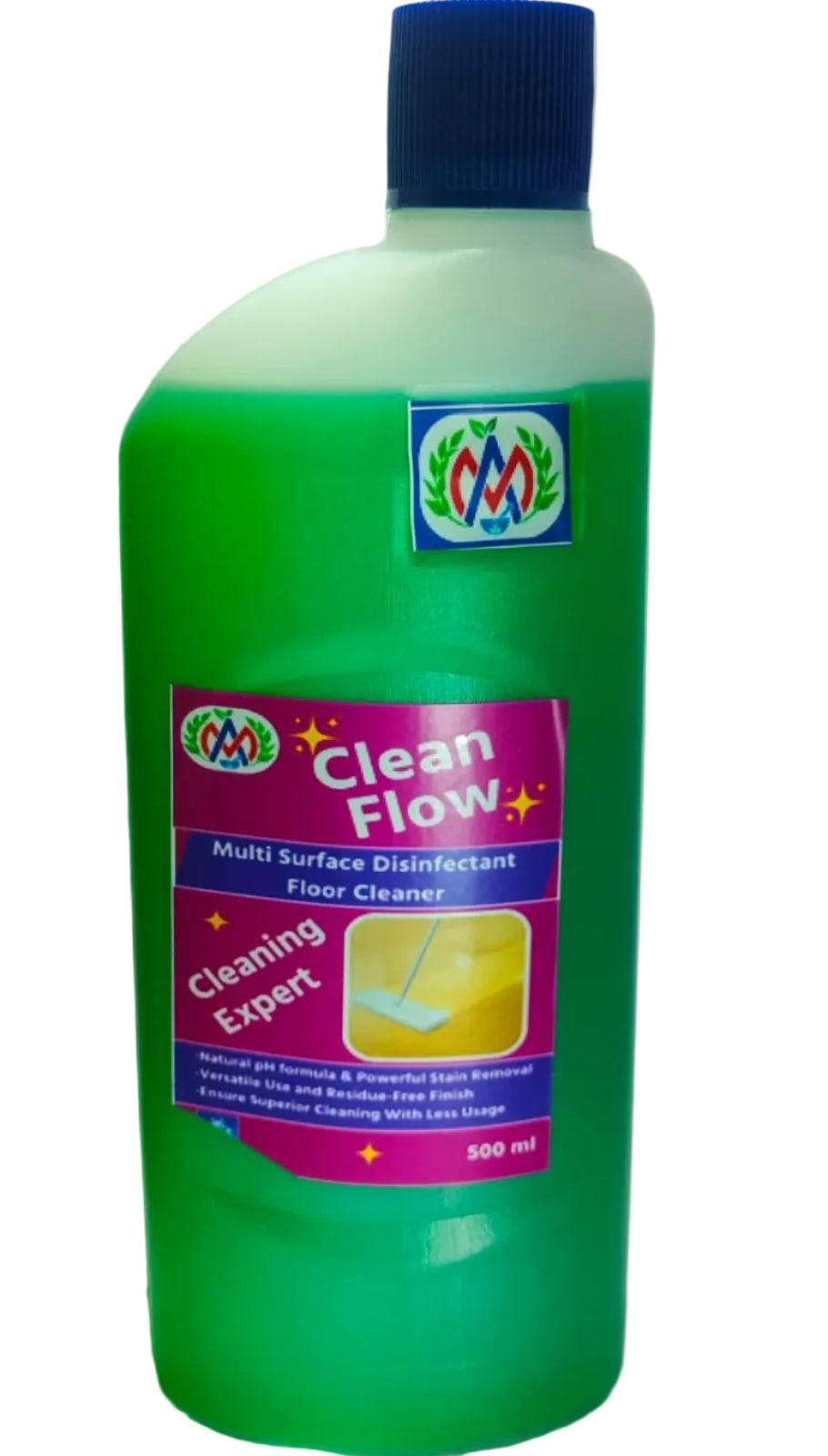 A 500 ml bottle of Clean Flow Multi Surface Disinfectant Floor Cleaner with a blue cap, filled with bright green liquid, set against a plain light background.